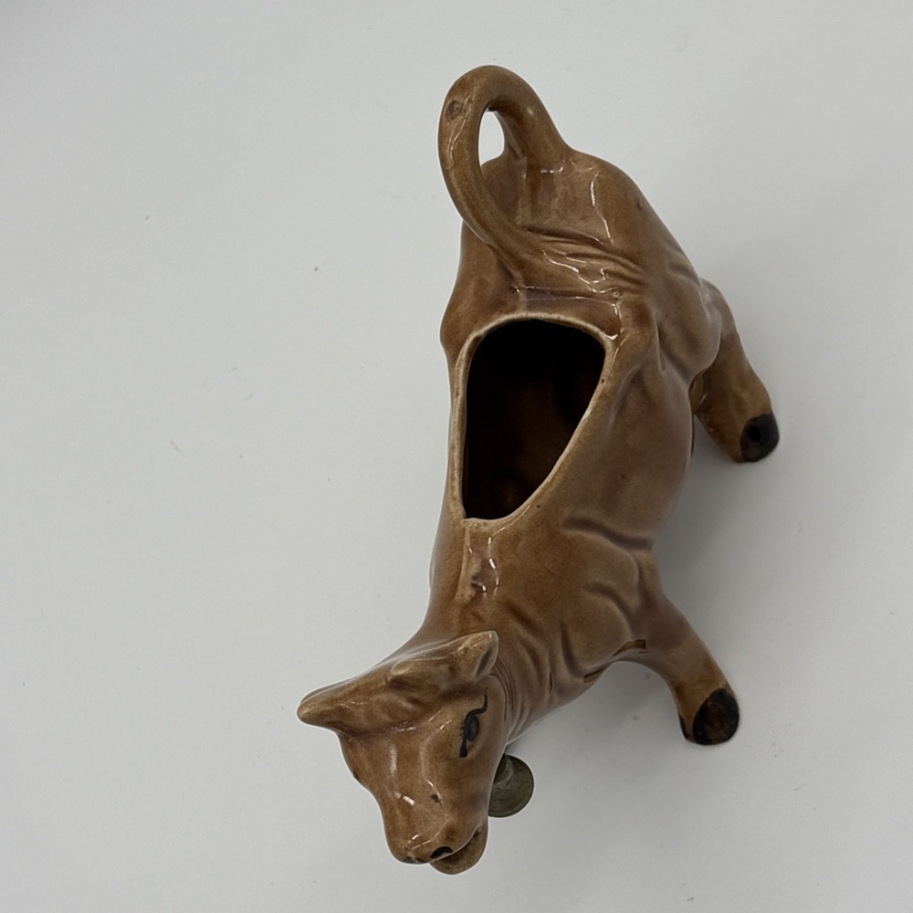 Vintage Ceramic Jersey Cow Creamer Brown Glazed Novelty Pitcher with Cowbell - Picture 3 of 8